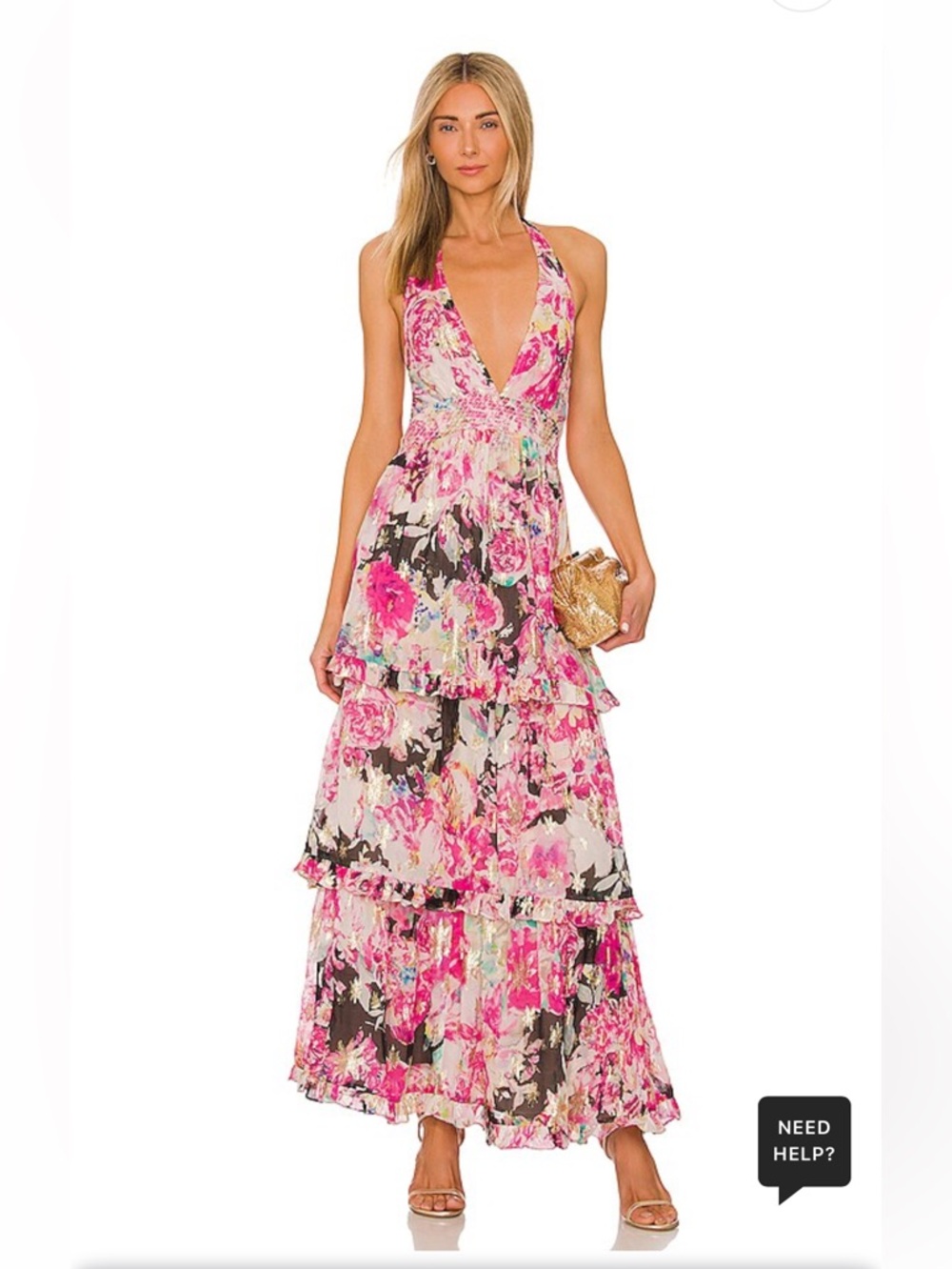 Rococo Sand x REVOLVE Pink & Black Floral Tiered Halter Maxi Dress NWT